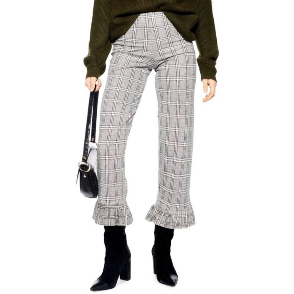 Topshop Women's Black White Plaid Houndstooth Ruffle Hem Cropped Pants